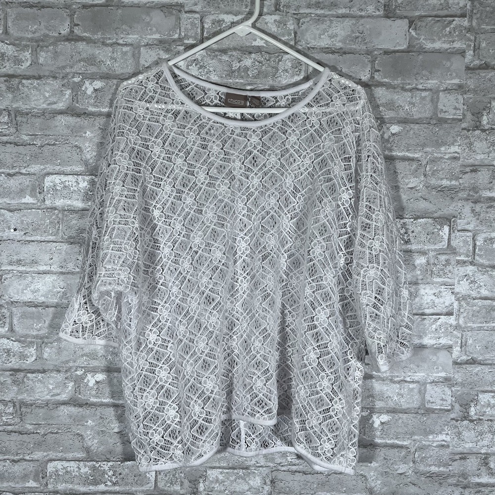 Chicos Crochet Sheer White Top 3/4 Sleeve Size 2